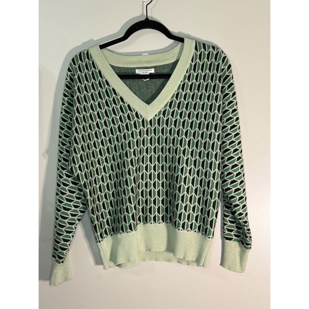 Christian Siriano New York Green Geometric V-Neck Sweater Small RN75343